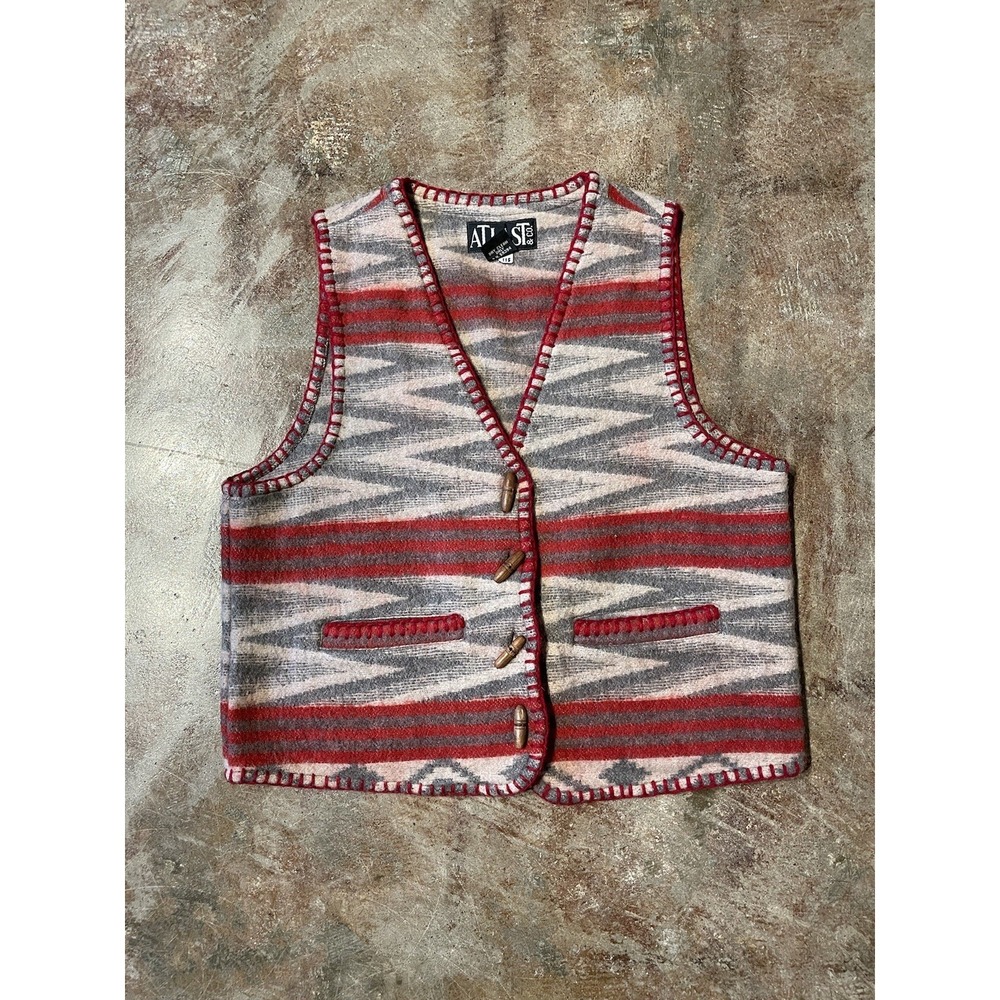 Vintage At Last & Co Vest Wool Blend Southwestern Aztec Wood Buttons Sz‎ L *